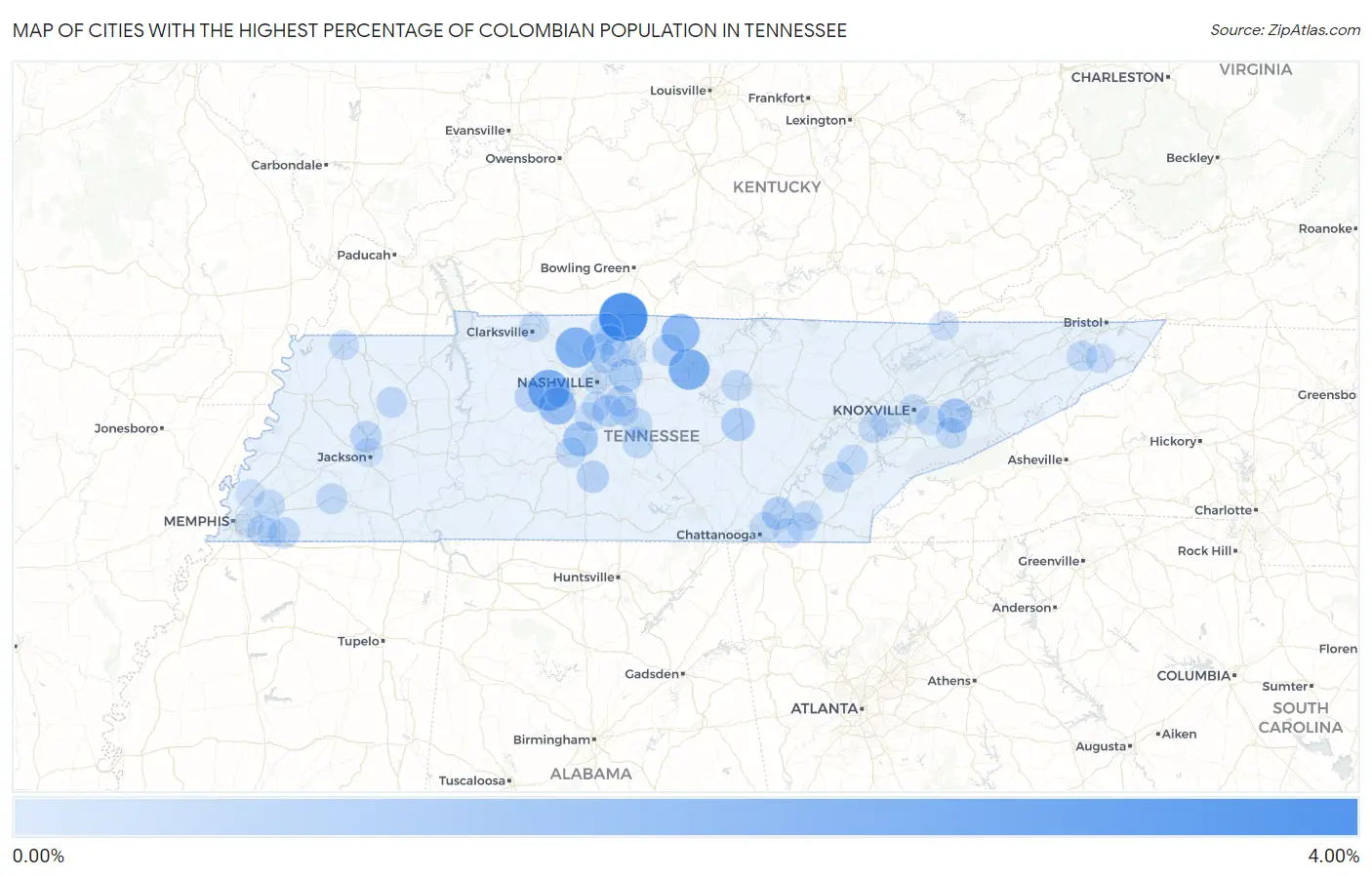 Cities with the Highest Percentage of Colombian Population in Tennessee Map