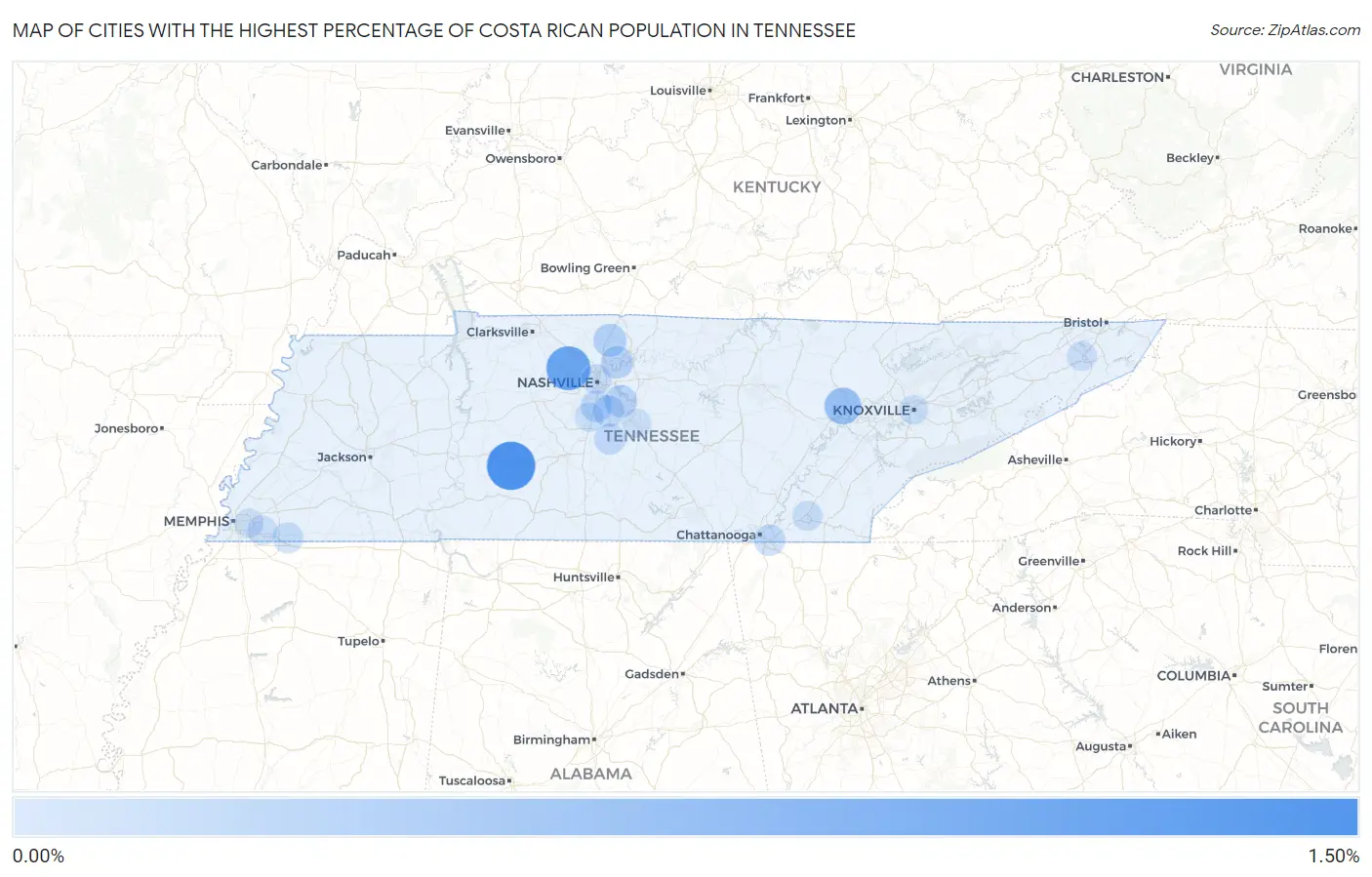 Cities with the Highest Percentage of Costa Rican Population in Tennessee Map