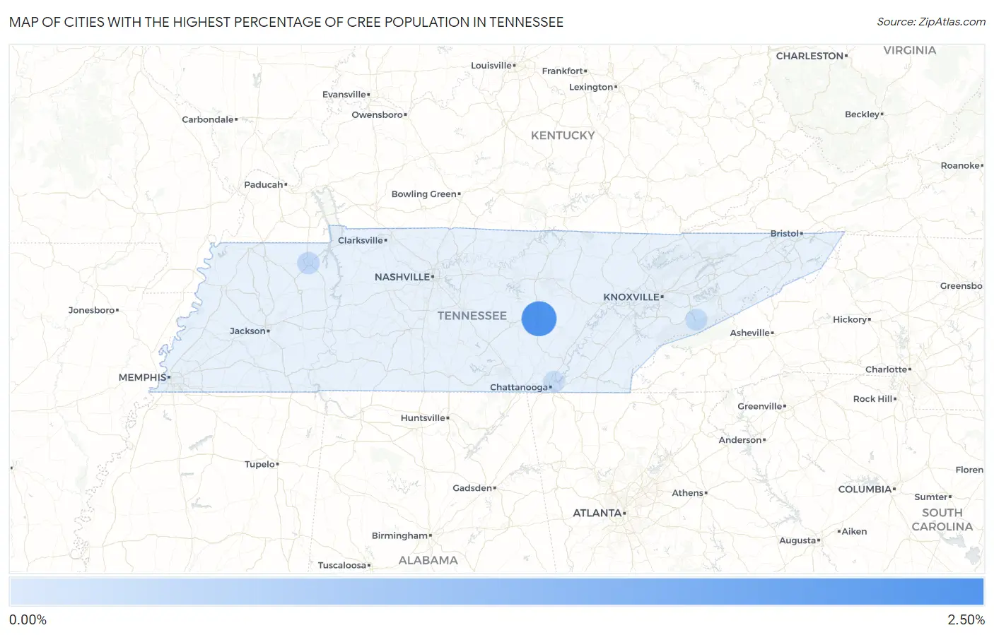 Cities with the Highest Percentage of Cree Population in Tennessee Map