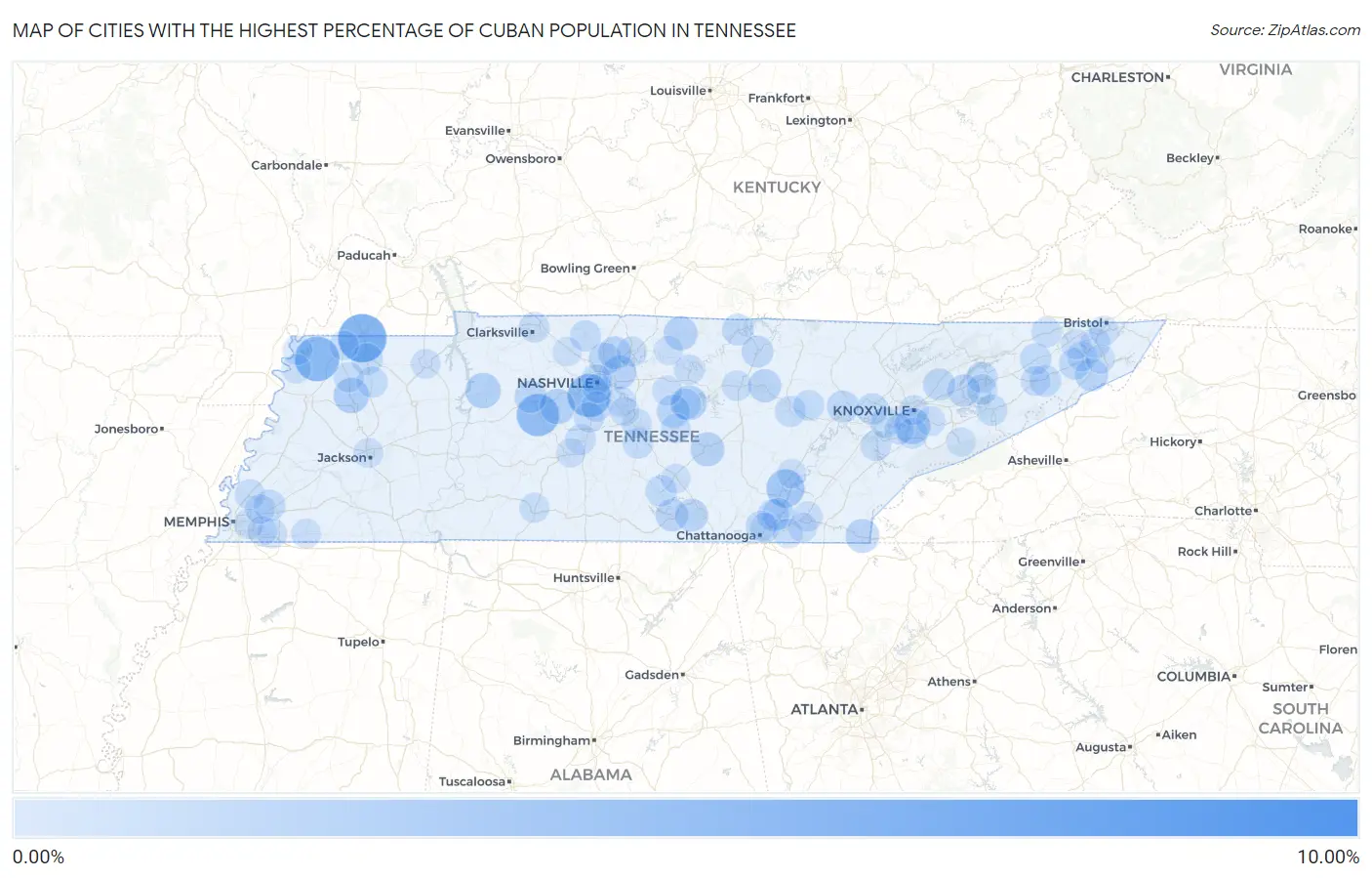 Cities with the Highest Percentage of Cuban Population in Tennessee Map