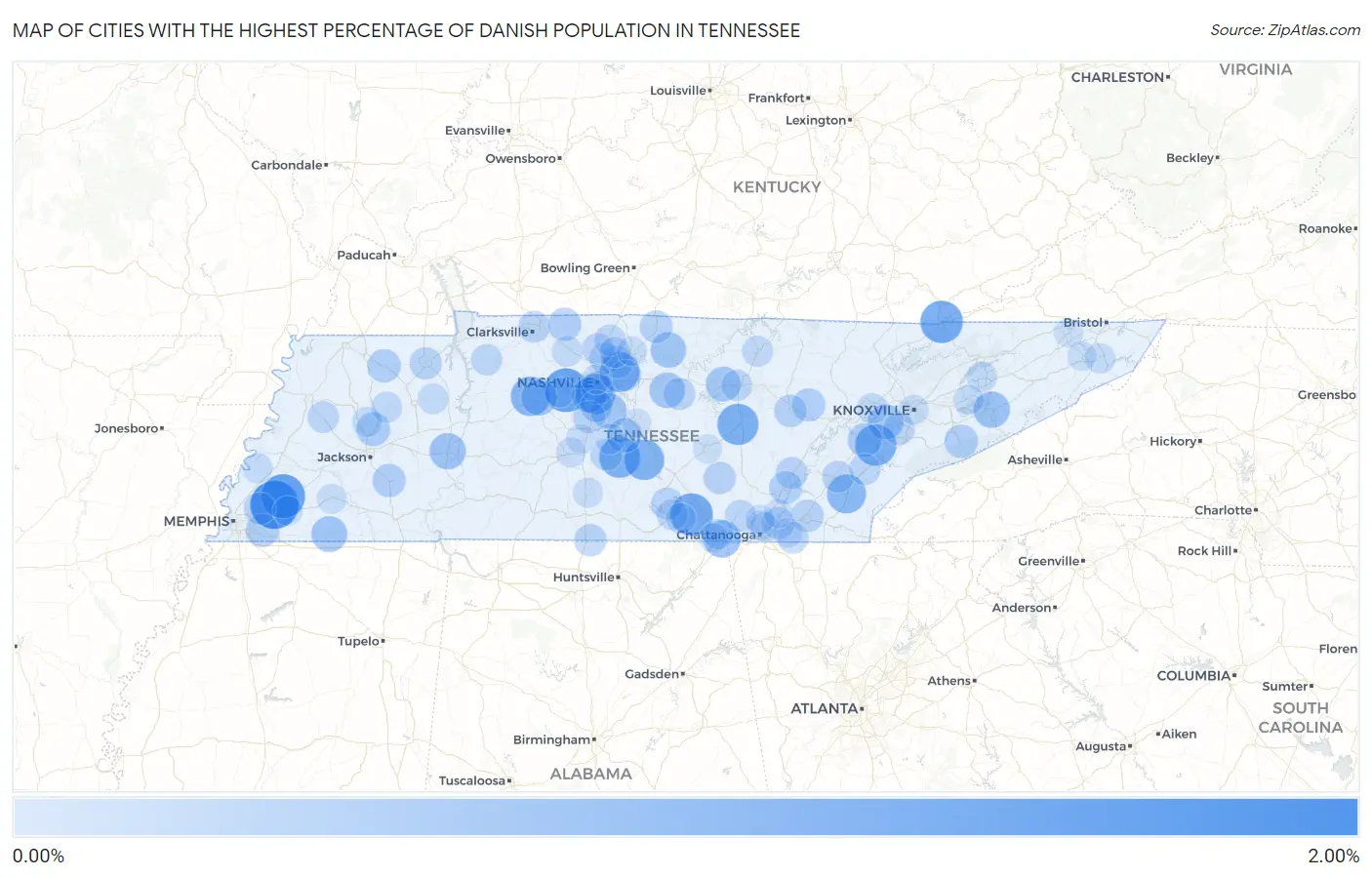Cities with the Highest Percentage of Danish Population in Tennessee Map