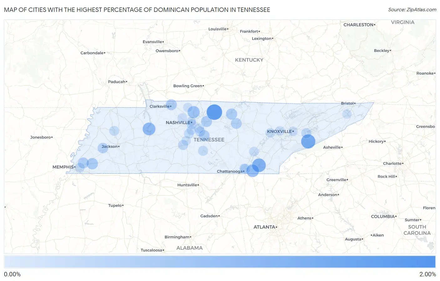 Cities with the Highest Percentage of Dominican Population in Tennessee Map