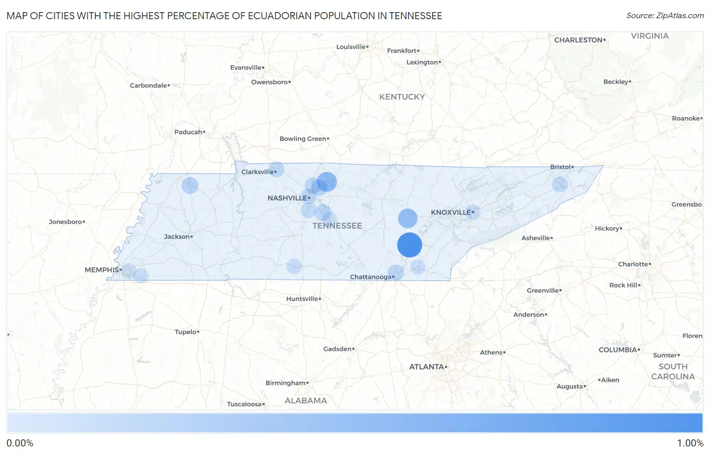 Cities with the Highest Percentage of Ecuadorian Population in Tennessee Map