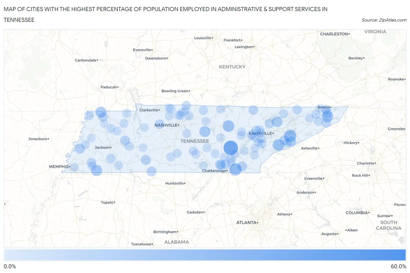 Cities with the Highest Percentage of Population Employed in Administrative & Support Services in Tennessee Map