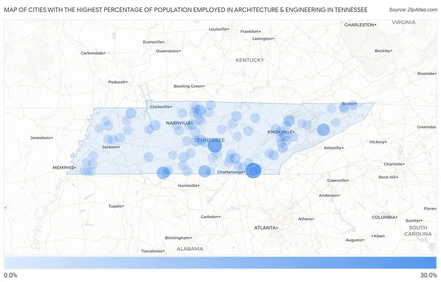Cities with the Highest Percentage of Population Employed in Architecture & Engineering in Tennessee Map