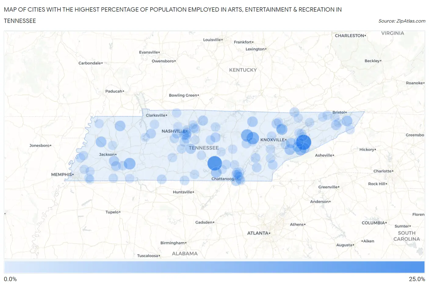 Cities with the Highest Percentage of Population Employed in Arts, Entertainment & Recreation in Tennessee Map