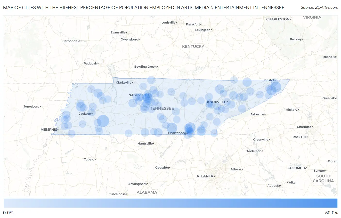 Cities with the Highest Percentage of Population Employed in Arts, Media & Entertainment in Tennessee Map