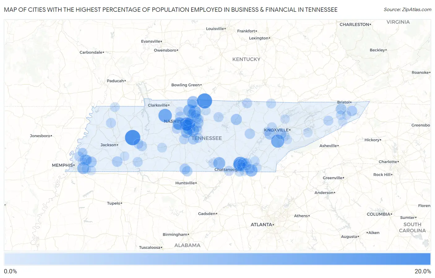 Cities with the Highest Percentage of Population Employed in Business & Financial in Tennessee Map