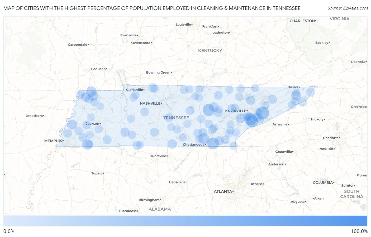 Cities with the Highest Percentage of Population Employed in Cleaning & Maintenance in Tennessee Map
