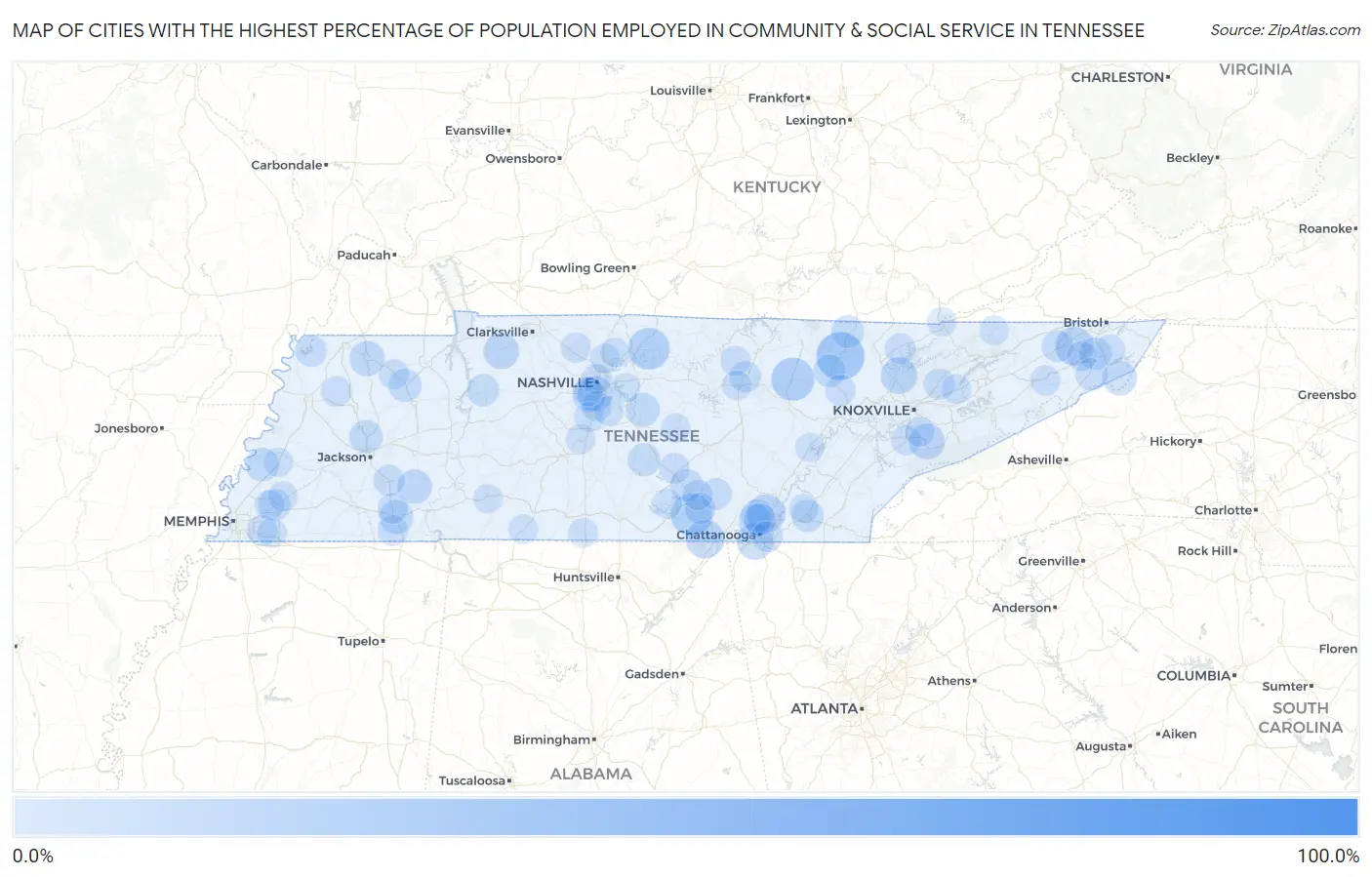 Cities with the Highest Percentage of Population Employed in Community & Social Service  in Tennessee Map