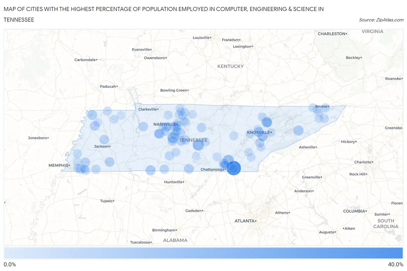 Cities with the Highest Percentage of Population Employed in Computer, Engineering & Science in Tennessee Map