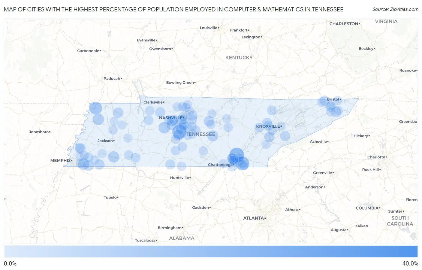 Cities with the Highest Percentage of Population Employed in Computer & Mathematics in Tennessee Map