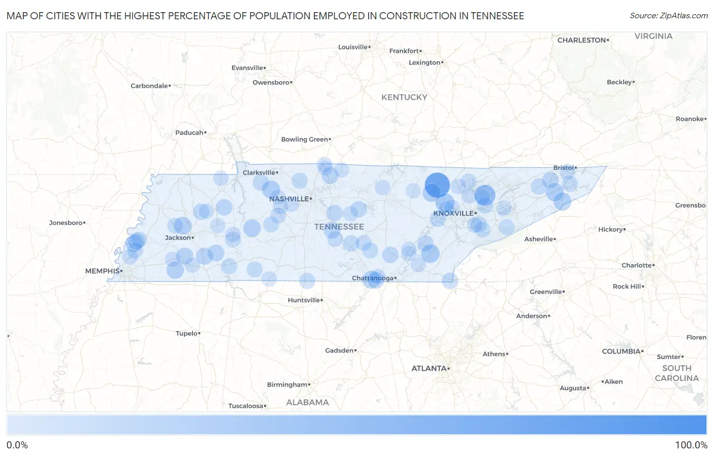 Cities with the Highest Percentage of Population Employed in Construction in Tennessee Map
