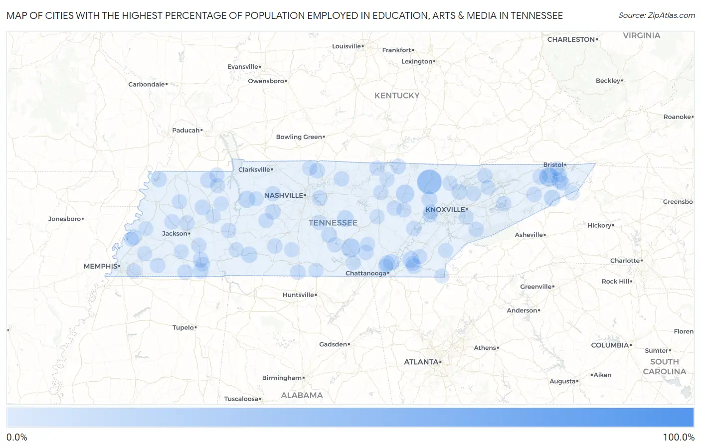 Cities with the Highest Percentage of Population Employed in Education, Arts & Media in Tennessee Map