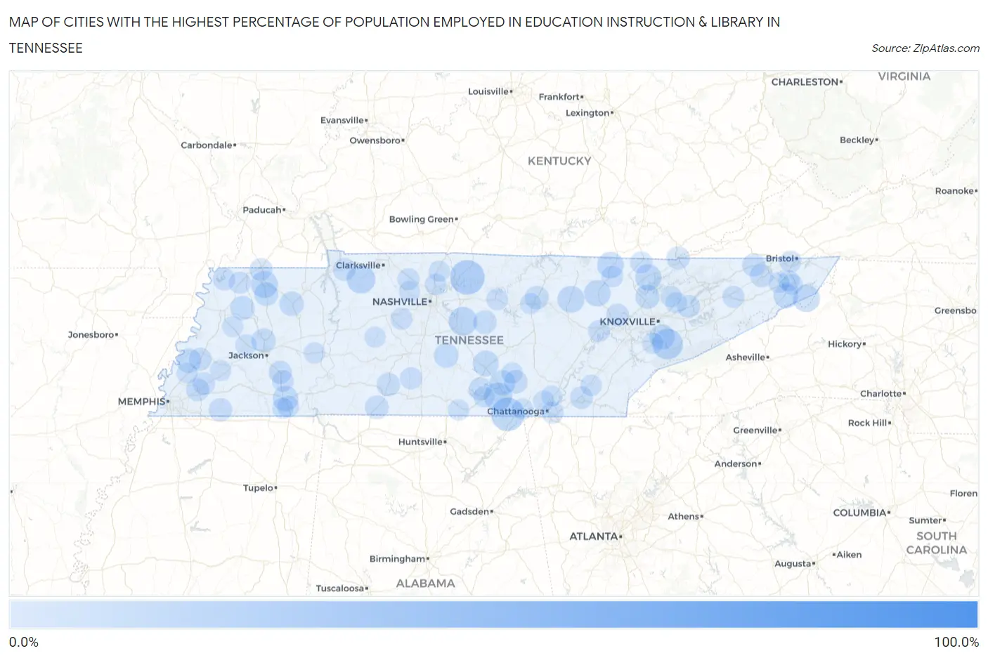 Cities with the Highest Percentage of Population Employed in Education Instruction & Library in Tennessee Map