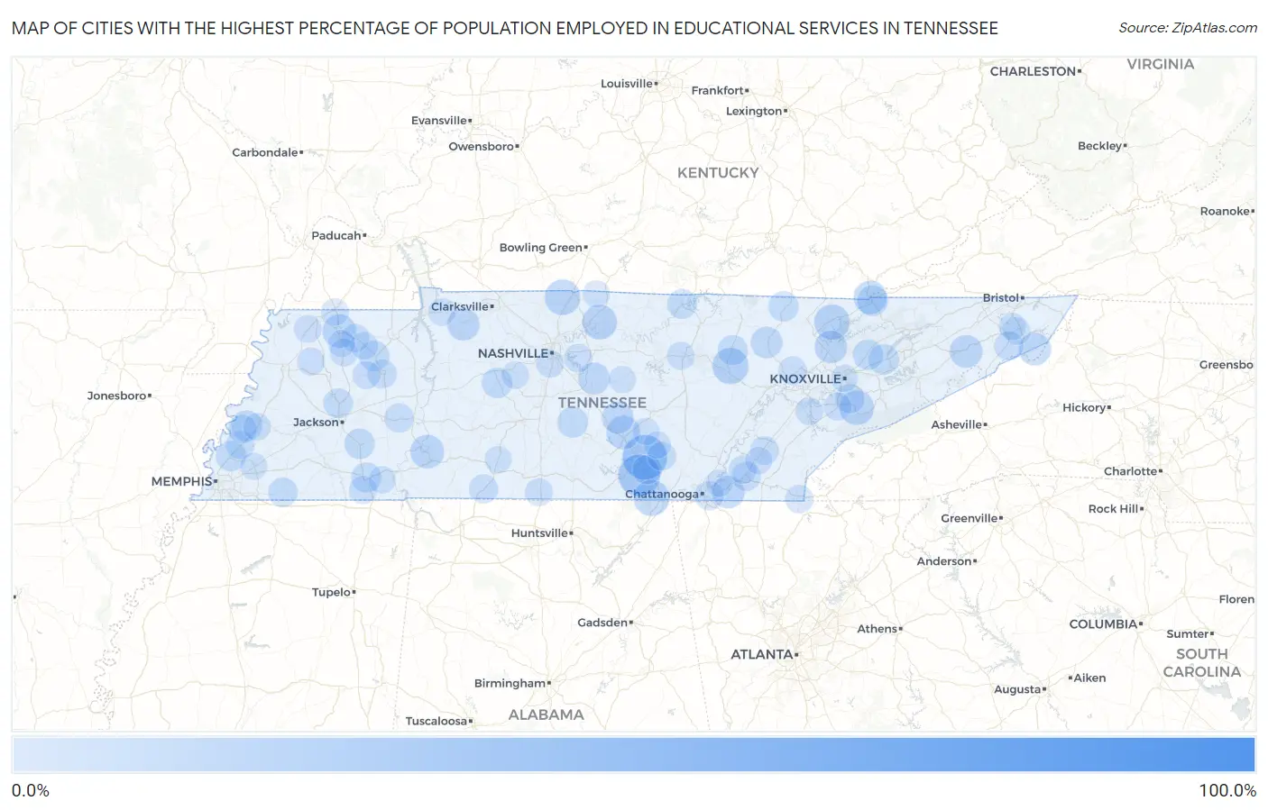 Cities with the Highest Percentage of Population Employed in Educational Services in Tennessee Map