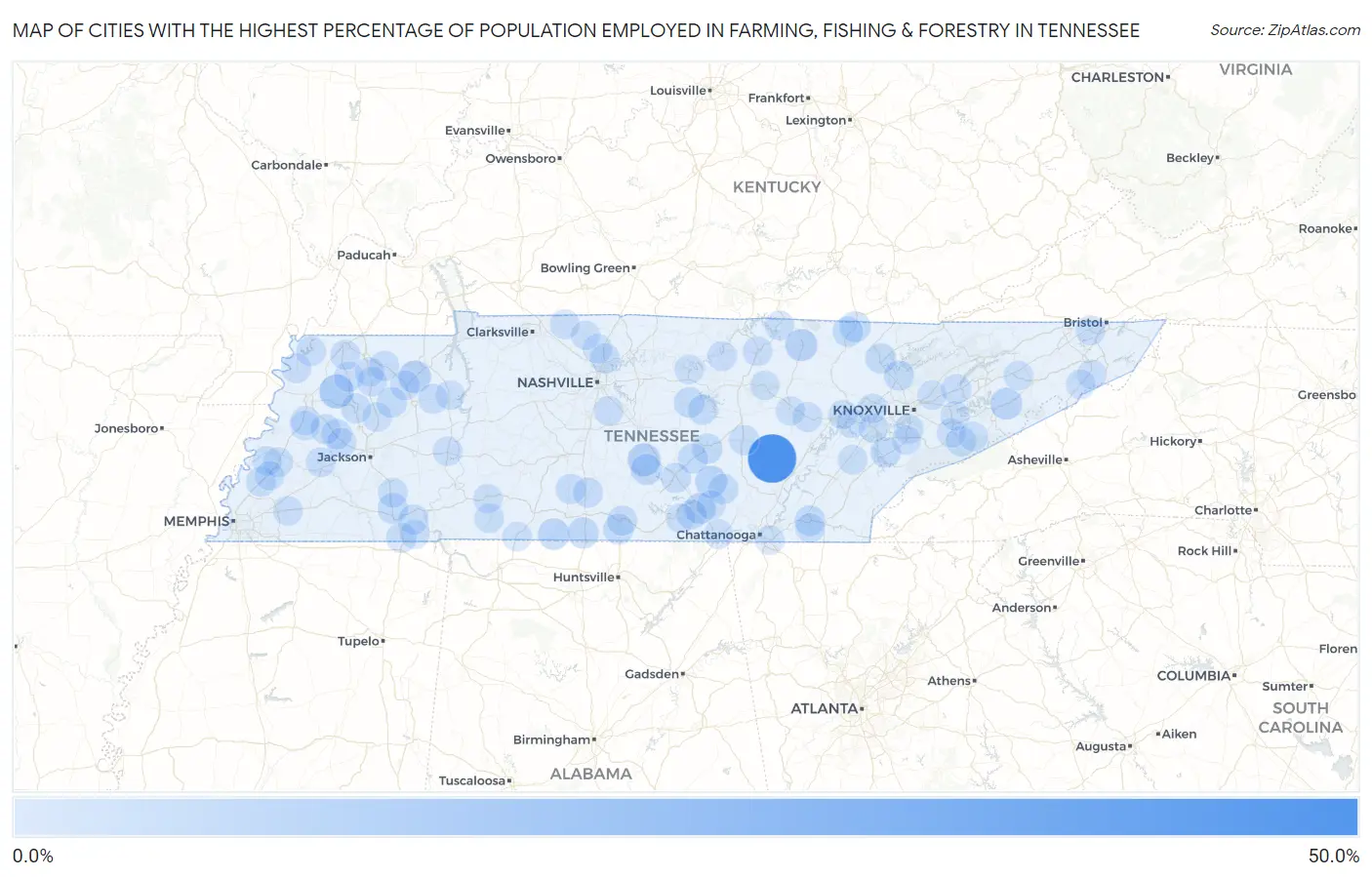 Cities with the Highest Percentage of Population Employed in Farming, Fishing & Forestry in Tennessee Map