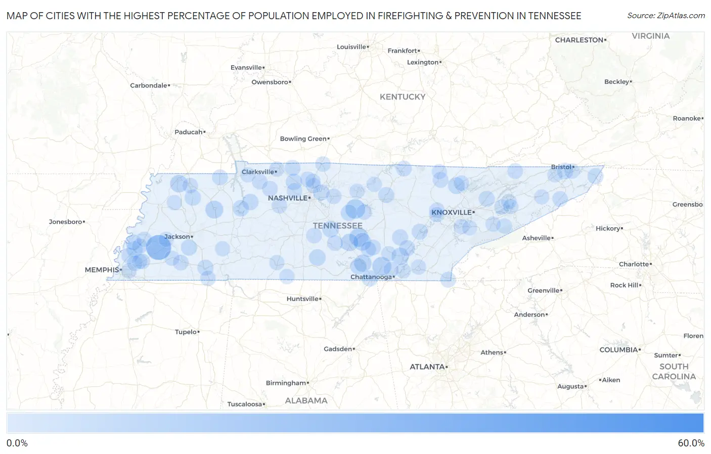 Cities with the Highest Percentage of Population Employed in Firefighting & Prevention in Tennessee Map