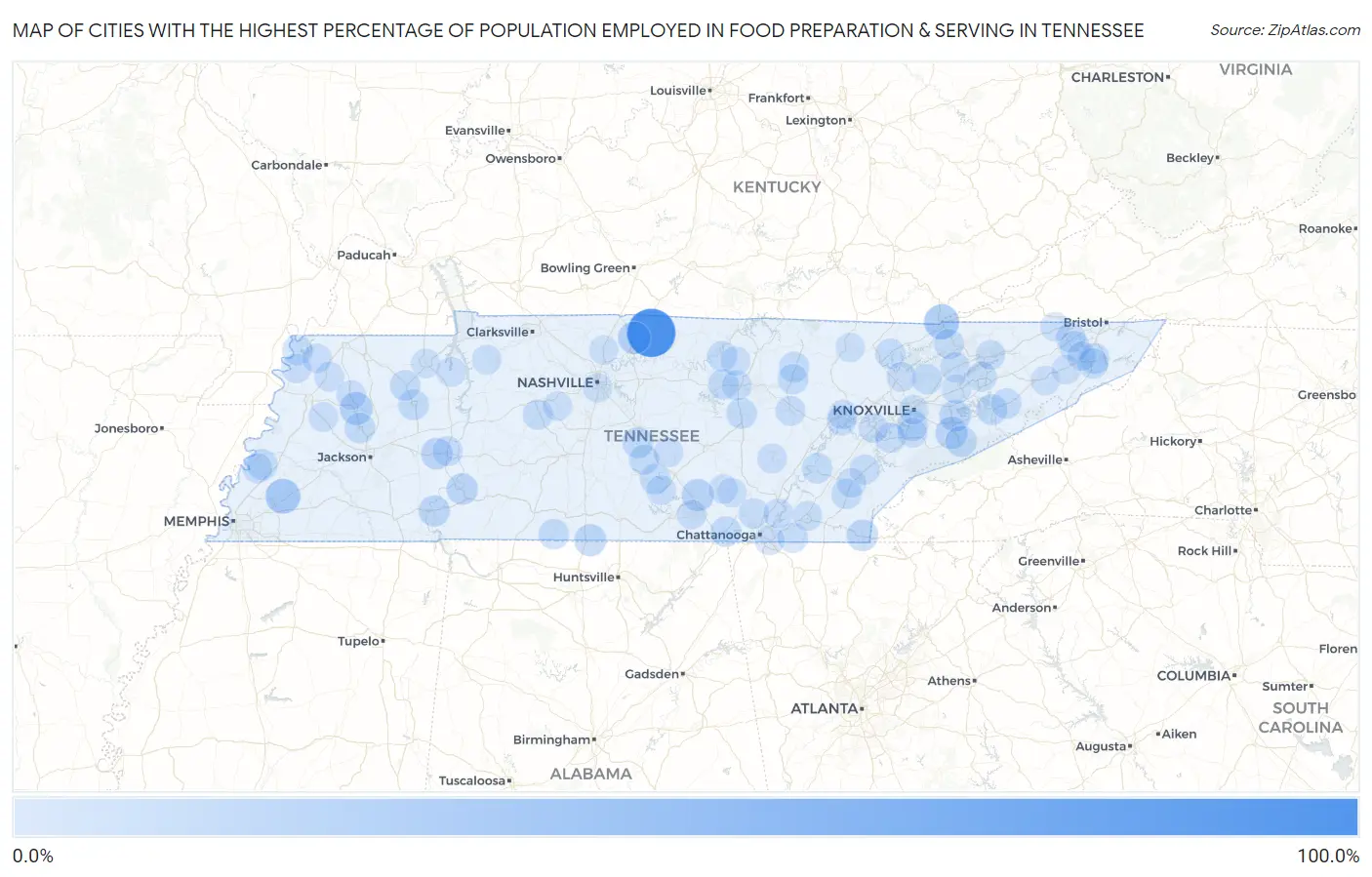 Cities with the Highest Percentage of Population Employed in Food Preparation & Serving in Tennessee Map