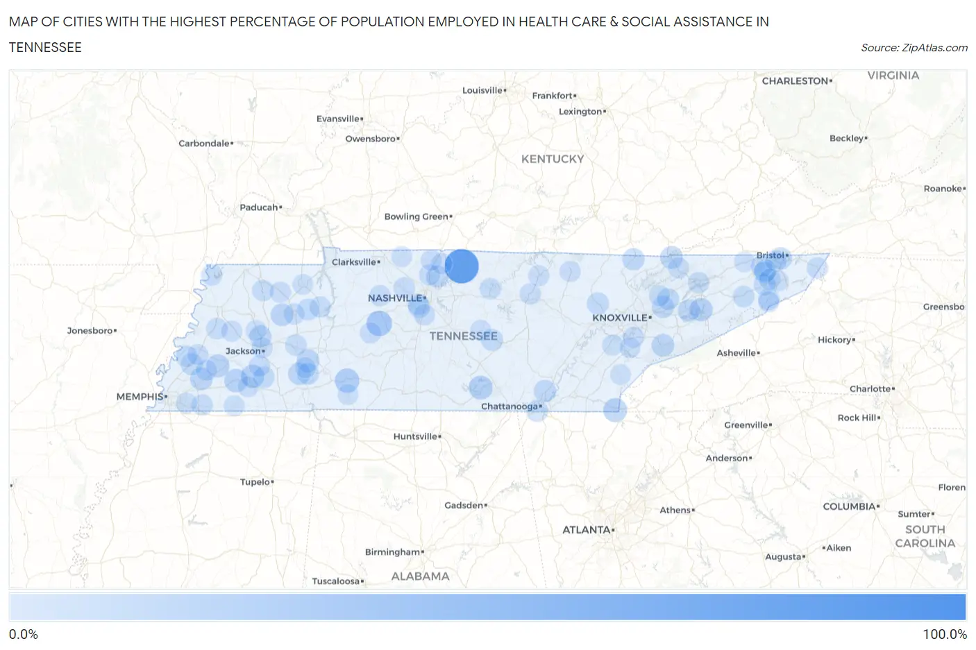 Cities with the Highest Percentage of Population Employed in Health Care & Social Assistance in Tennessee Map