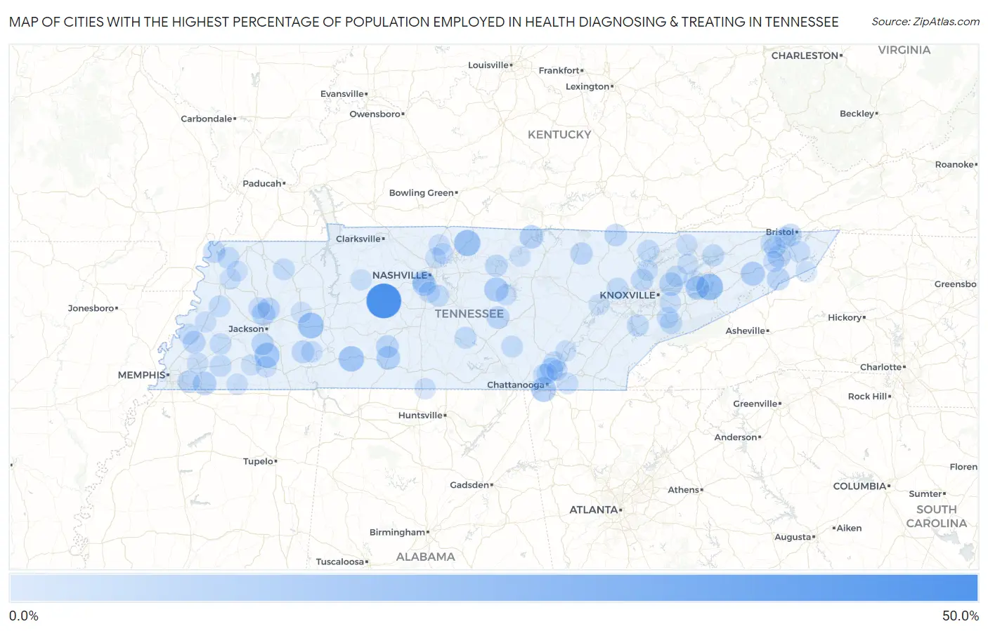 Cities with the Highest Percentage of Population Employed in Health Diagnosing & Treating in Tennessee Map