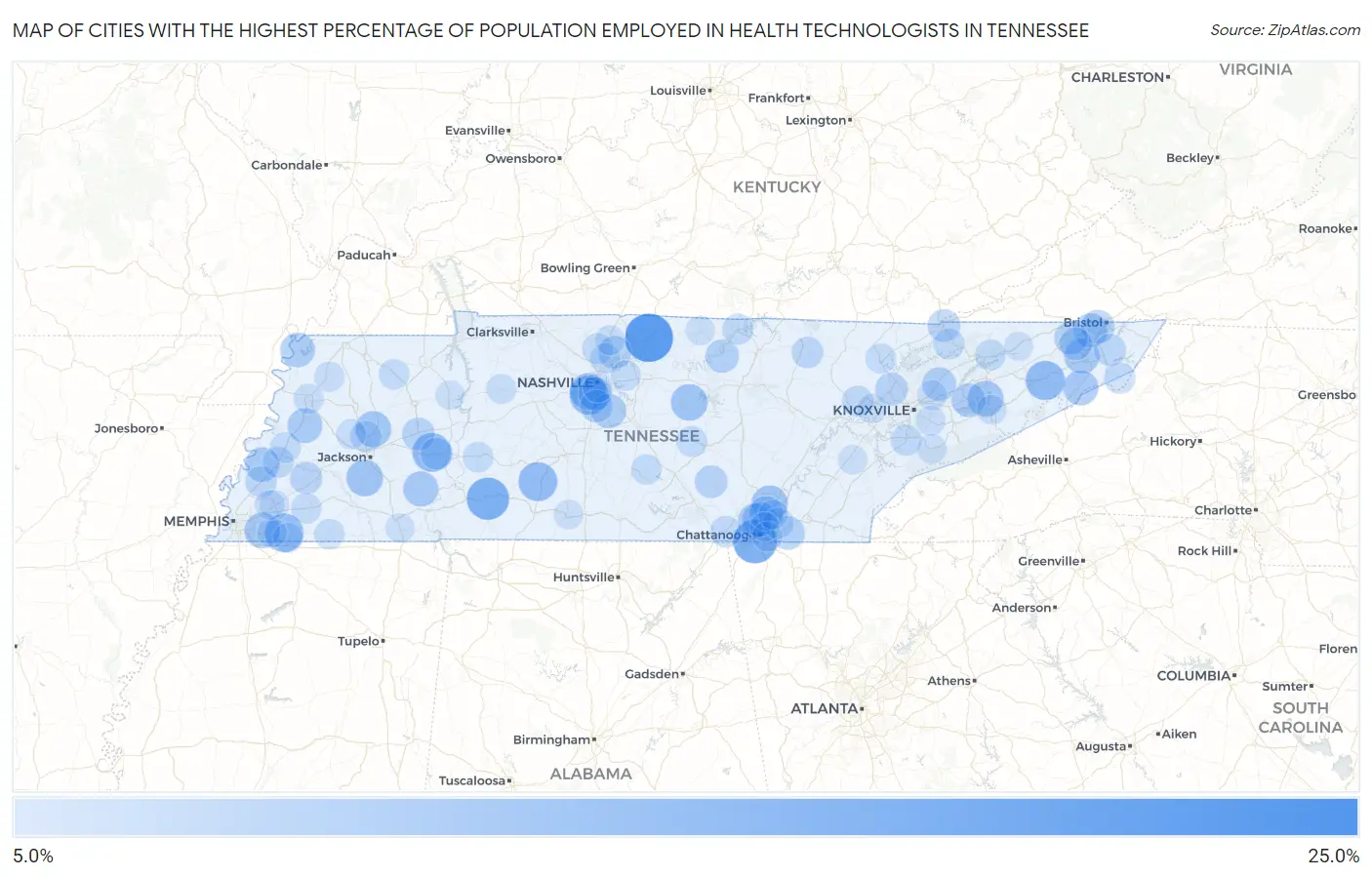 Cities with the Highest Percentage of Population Employed in Health Technologists in Tennessee Map