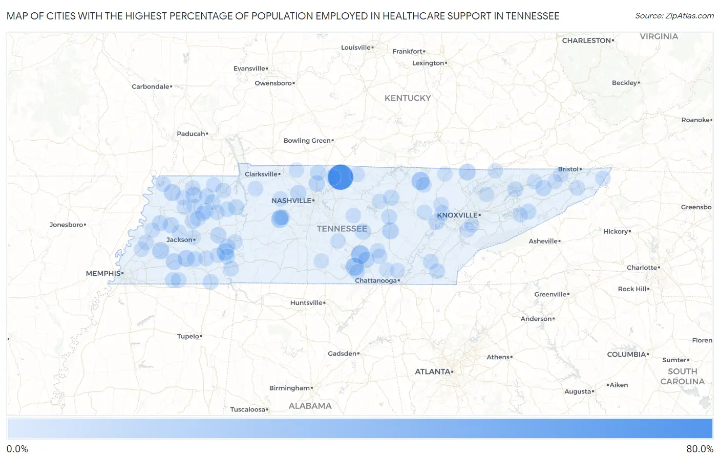 Cities with the Highest Percentage of Population Employed in Healthcare Support in Tennessee Map