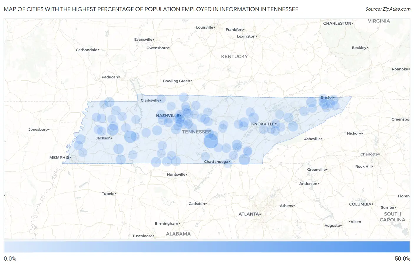 Cities with the Highest Percentage of Population Employed in Information in Tennessee Map
