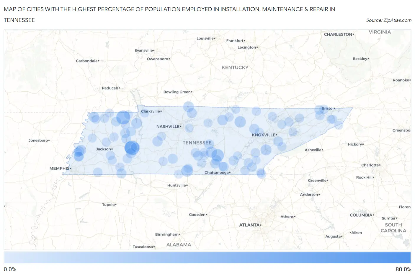 Cities with the Highest Percentage of Population Employed in Installation, Maintenance & Repair in Tennessee Map