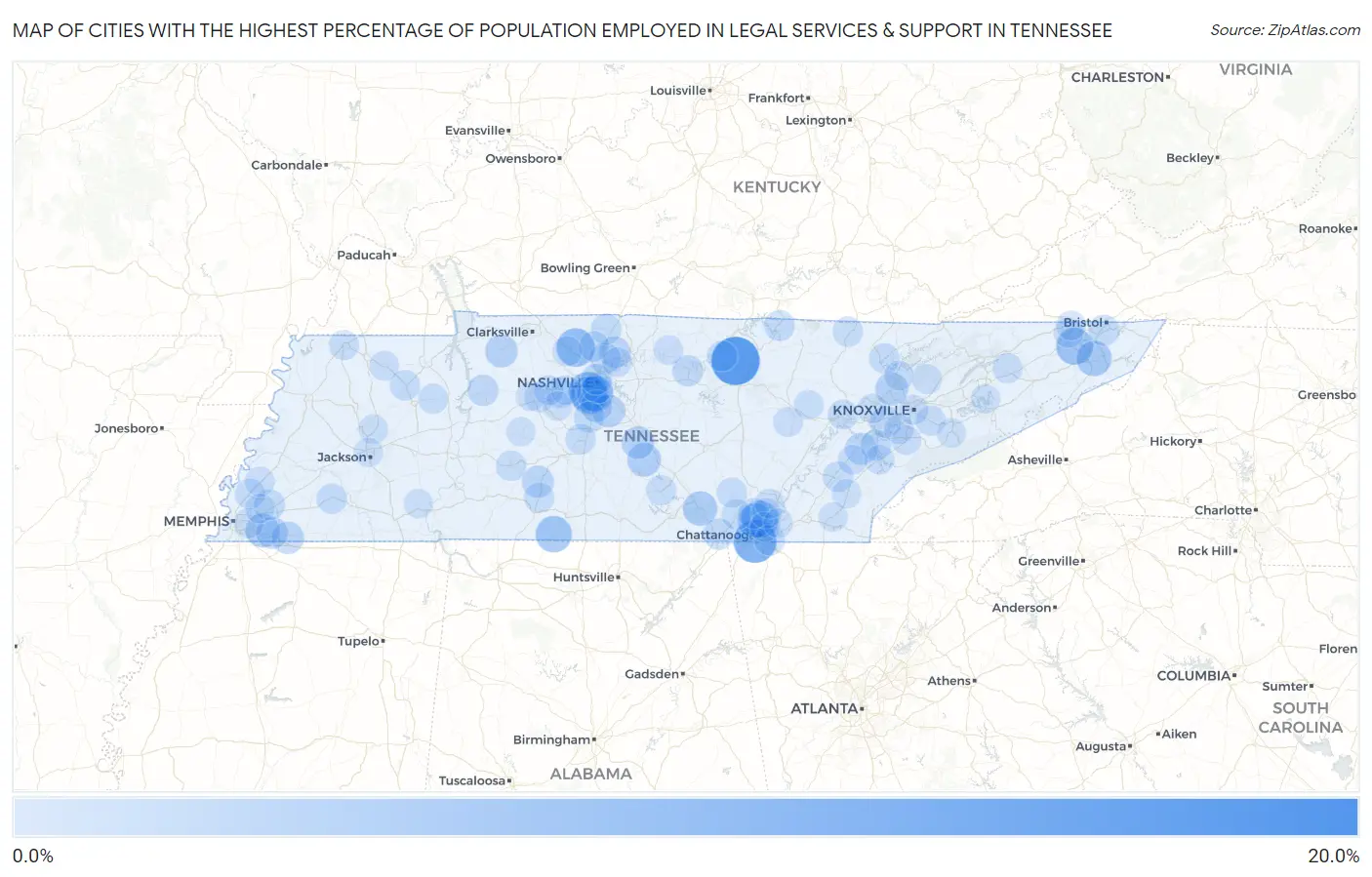 Cities with the Highest Percentage of Population Employed in Legal Services & Support in Tennessee Map