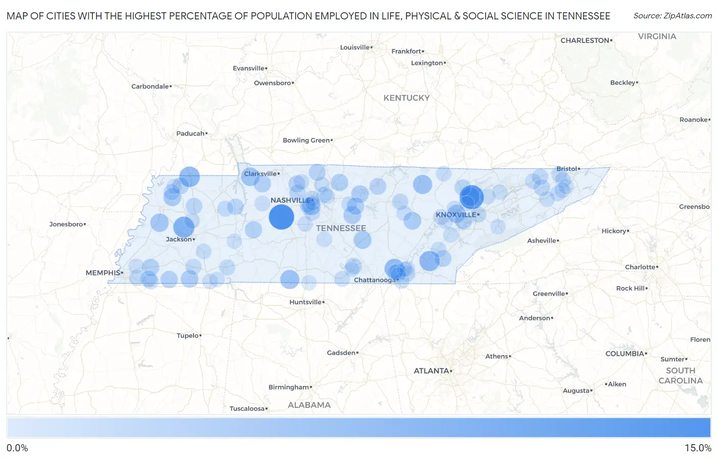 Cities with the Highest Percentage of Population Employed in Life, Physical & Social Science in Tennessee Map