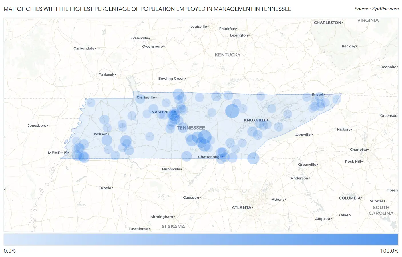 Cities with the Highest Percentage of Population Employed in Management in Tennessee Map