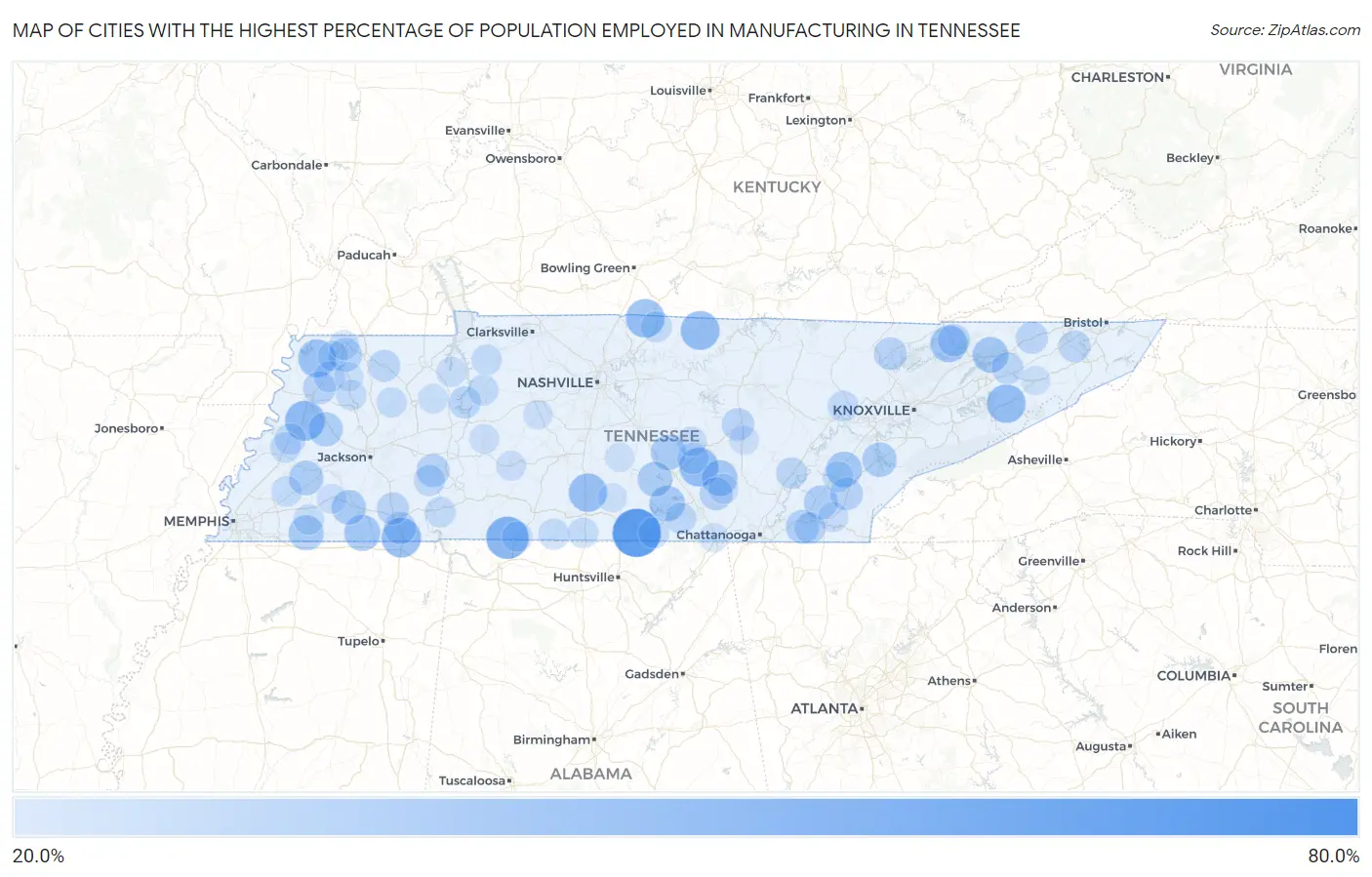 Cities with the Highest Percentage of Population Employed in Manufacturing in Tennessee Map