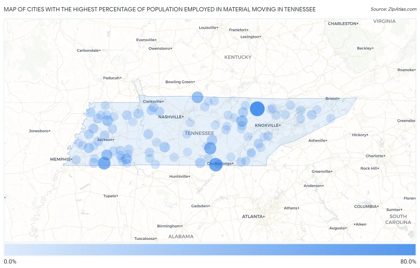 Cities with the Highest Percentage of Population Employed in Material Moving in Tennessee Map