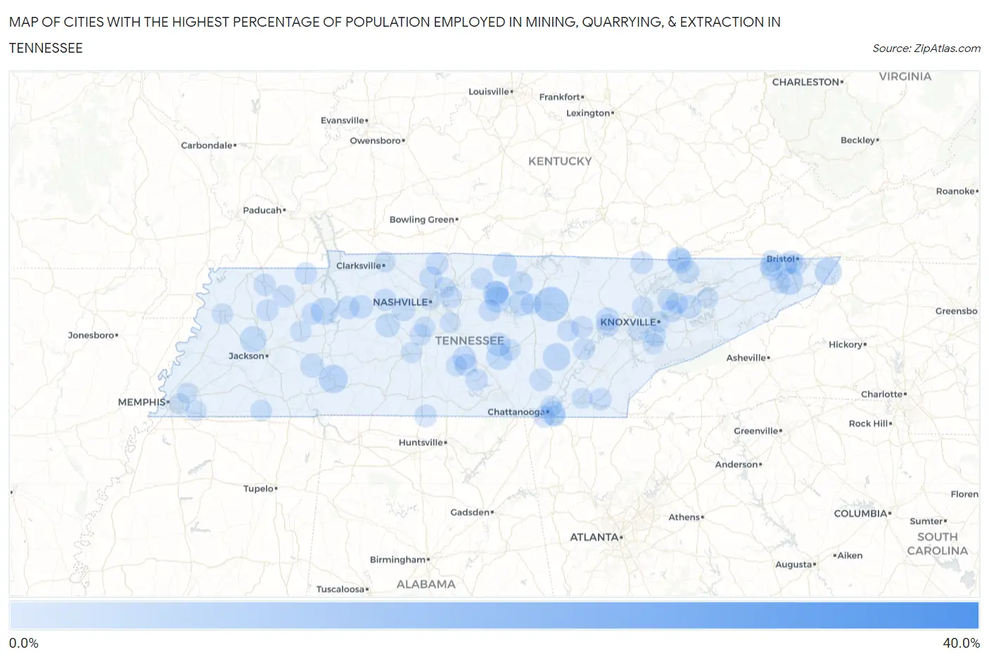 Cities with the Highest Percentage of Population Employed in Mining, Quarrying, & Extraction in Tennessee Map