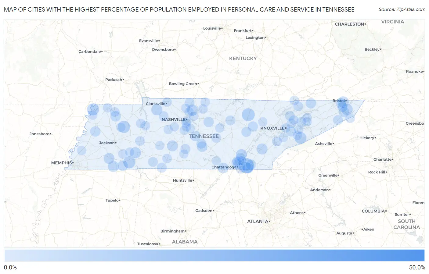 Cities with the Highest Percentage of Population Employed in Personal Care and Service in Tennessee Map