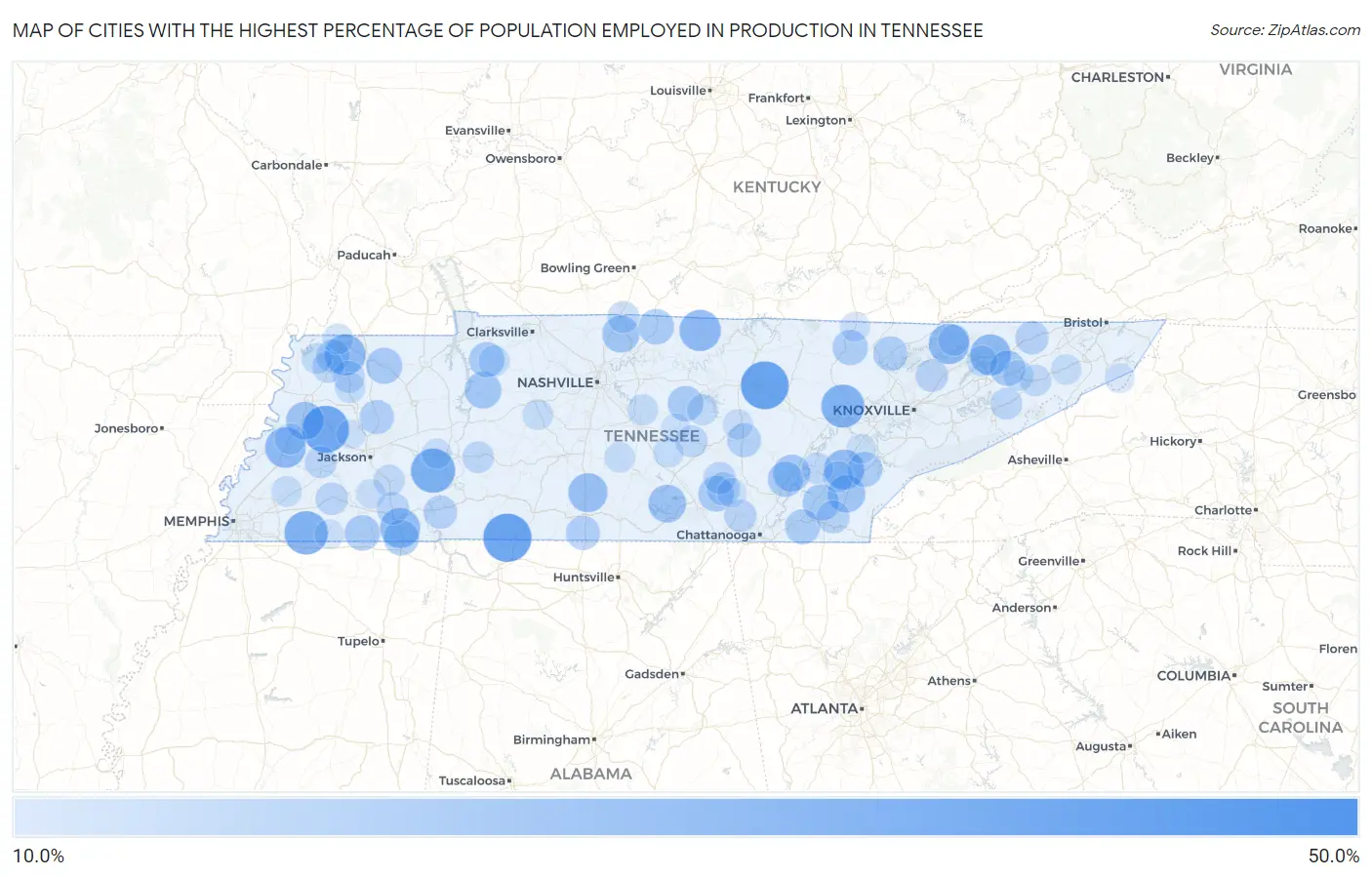 Cities with the Highest Percentage of Population Employed in Production in Tennessee Map