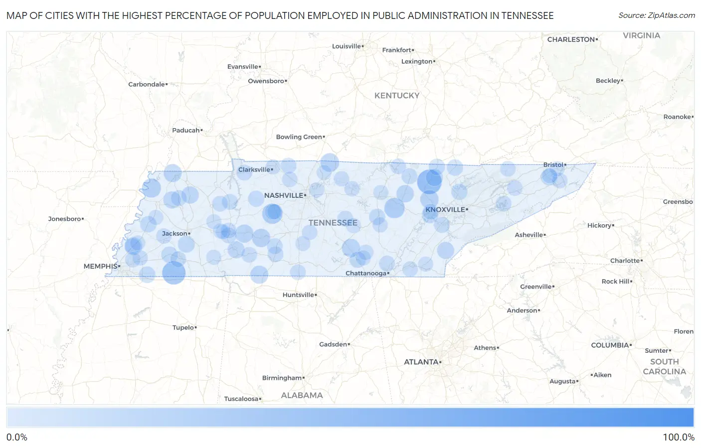 Cities with the Highest Percentage of Population Employed in Public Administration in Tennessee Map