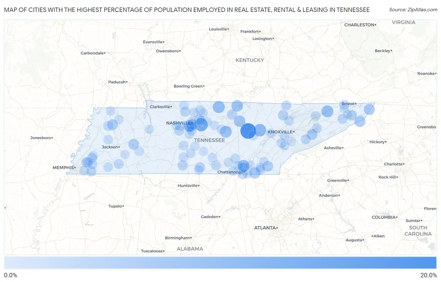 Cities with the Highest Percentage of Population Employed in Real Estate, Rental & Leasing in Tennessee Map