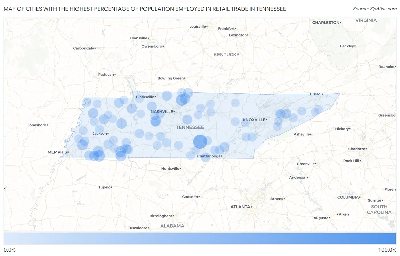 Cities with the Highest Percentage of Population Employed in Retail Trade in Tennessee Map