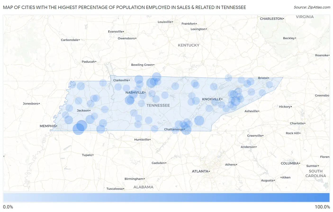 Cities with the Highest Percentage of Population Employed in Sales & Related in Tennessee Map