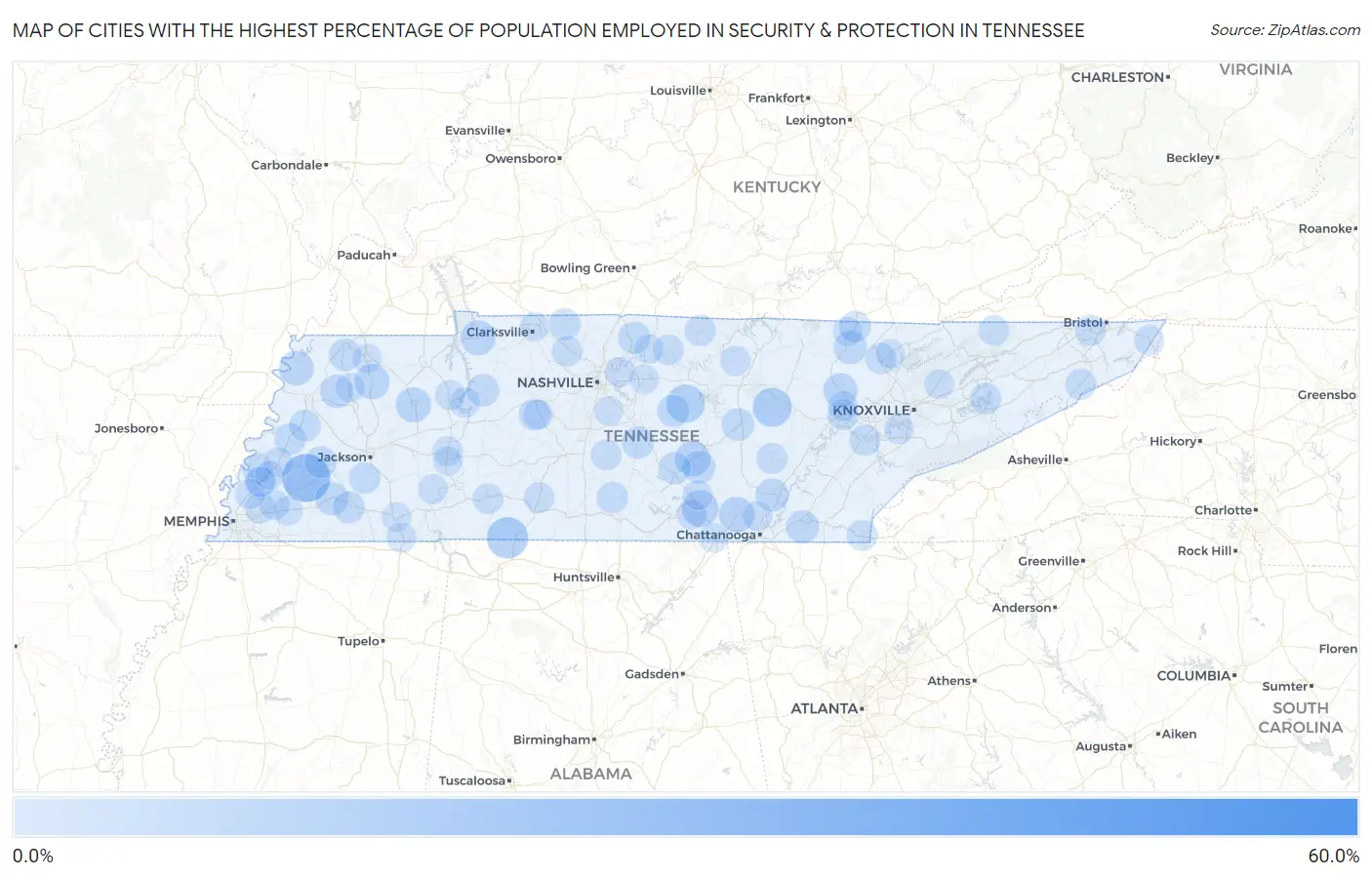 Cities with the Highest Percentage of Population Employed in Security & Protection in Tennessee Map