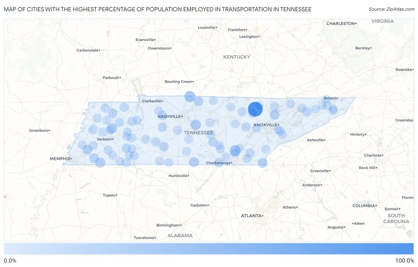 Cities with the Highest Percentage of Population Employed in Transportation in Tennessee Map