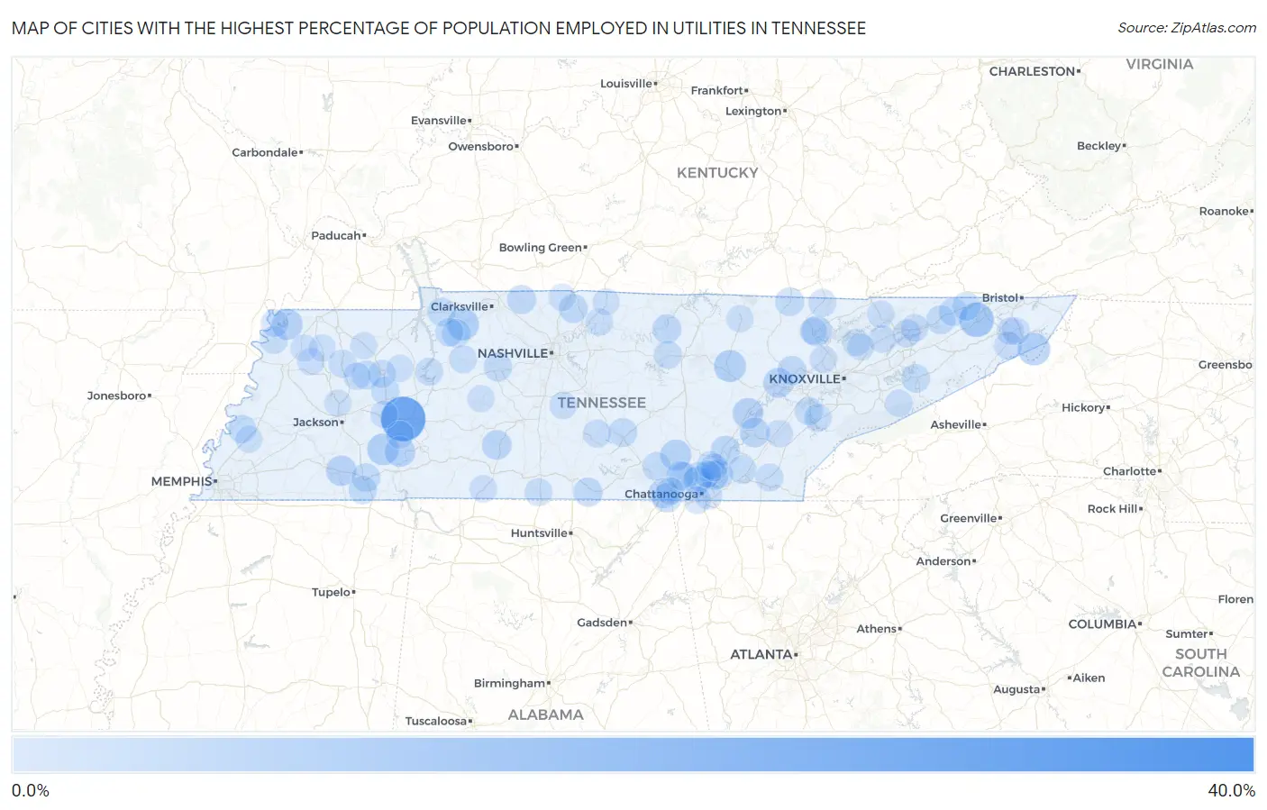 Cities with the Highest Percentage of Population Employed in Utilities in Tennessee Map