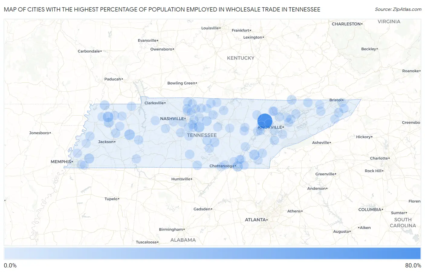 Cities with the Highest Percentage of Population Employed in Wholesale Trade in Tennessee Map
