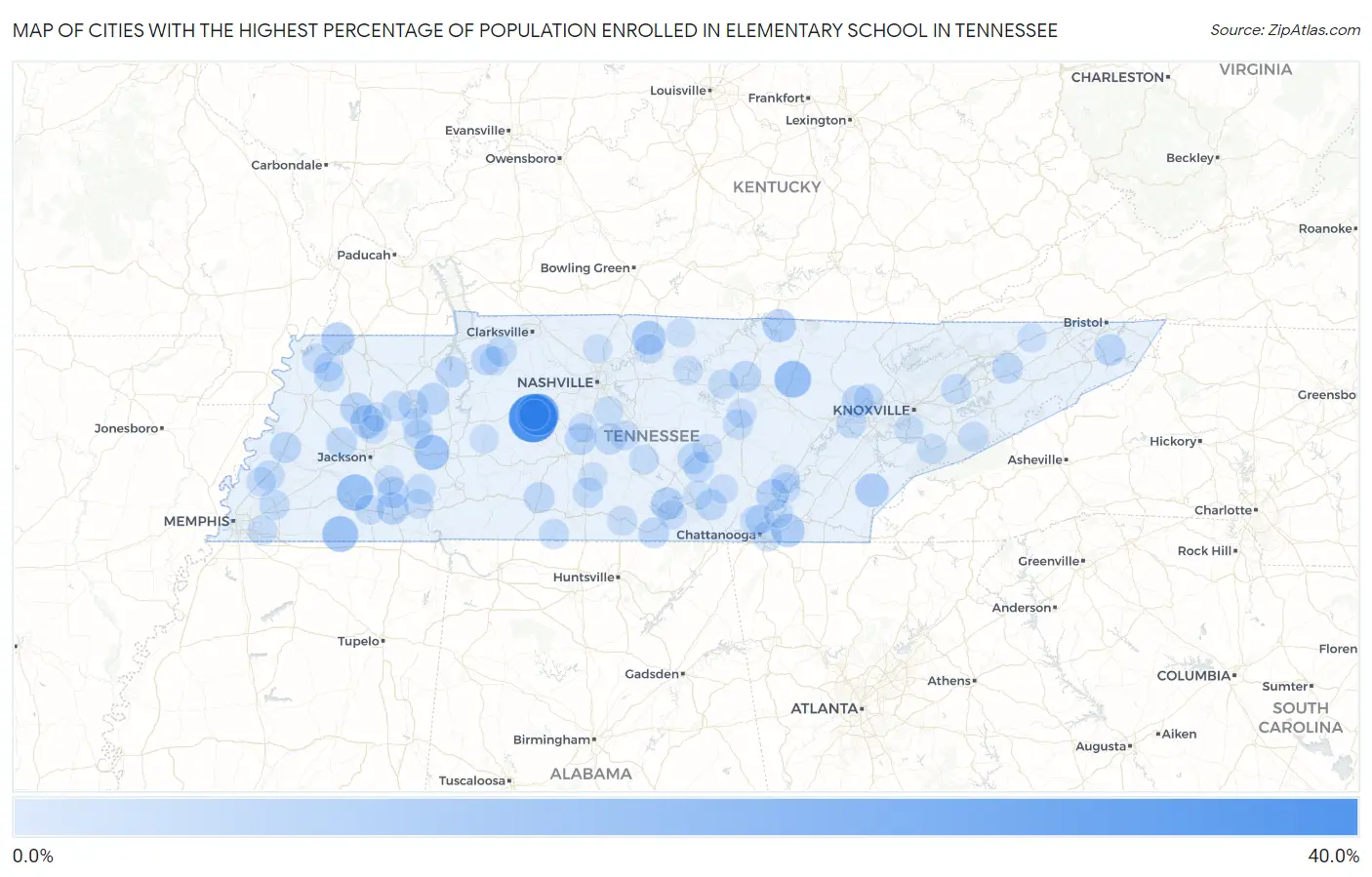 Cities with the Highest Percentage of Population Enrolled in Elementary School in Tennessee Map