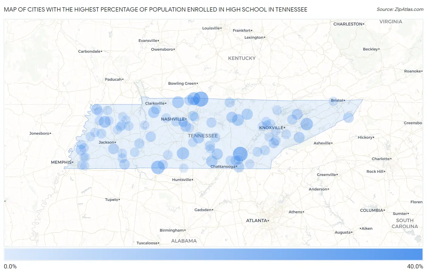 Cities with the Highest Percentage of Population Enrolled in High School in Tennessee Map