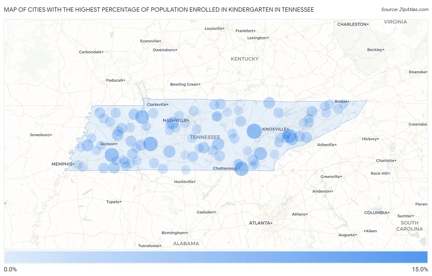 Cities with the Highest Percentage of Population Enrolled in Kindergarten in Tennessee Map