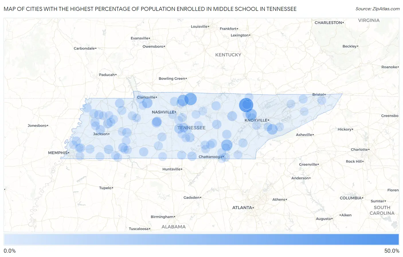 Cities with the Highest Percentage of Population Enrolled in Middle School in Tennessee Map