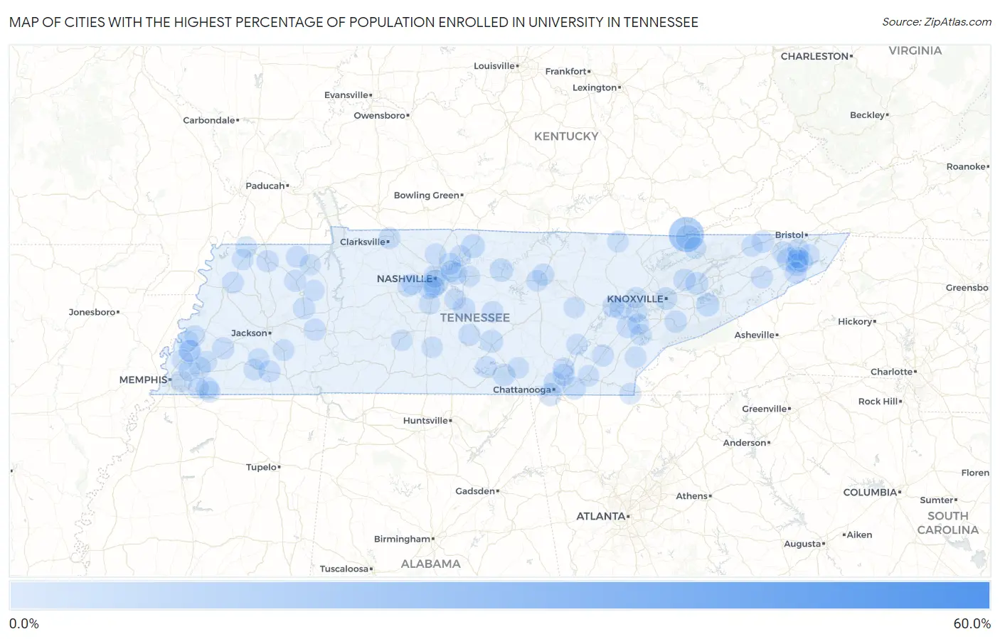 Cities with the Highest Percentage of Population Enrolled in University in Tennessee Map